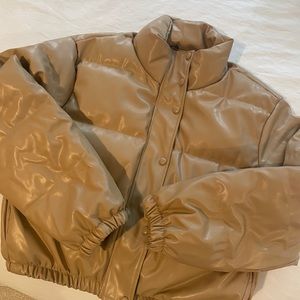 Tan leather puffer jacket
